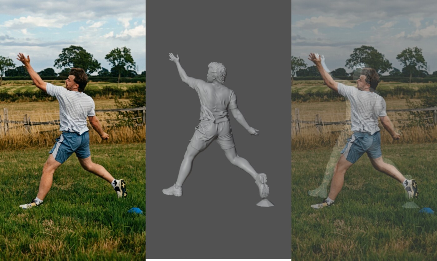 three panels — the photo, the 3D body, and the two overlaid in register