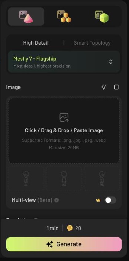 Meshy's image-to-3D panel with the photo drop zone and Meshy 7 Flagship selected