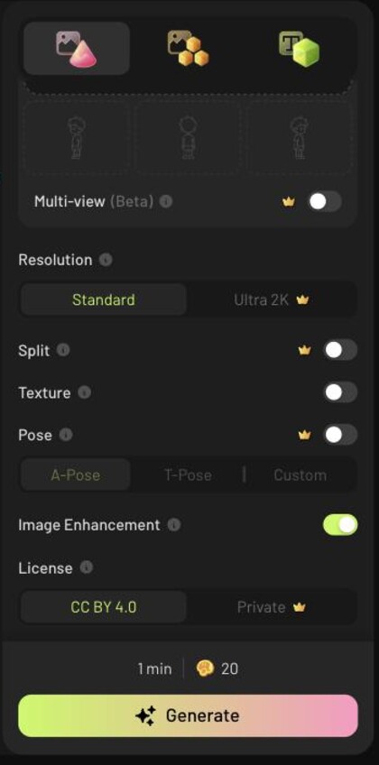 Meshy's settings column showing resolution, texture and the Pose toggle