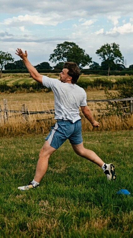 the source photo — the athlete mid-delivery on grass