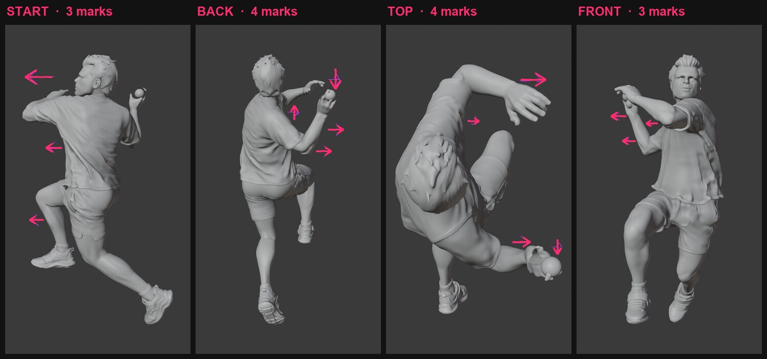 the same four views with fourteen hand-drawn arrow marks on the body
